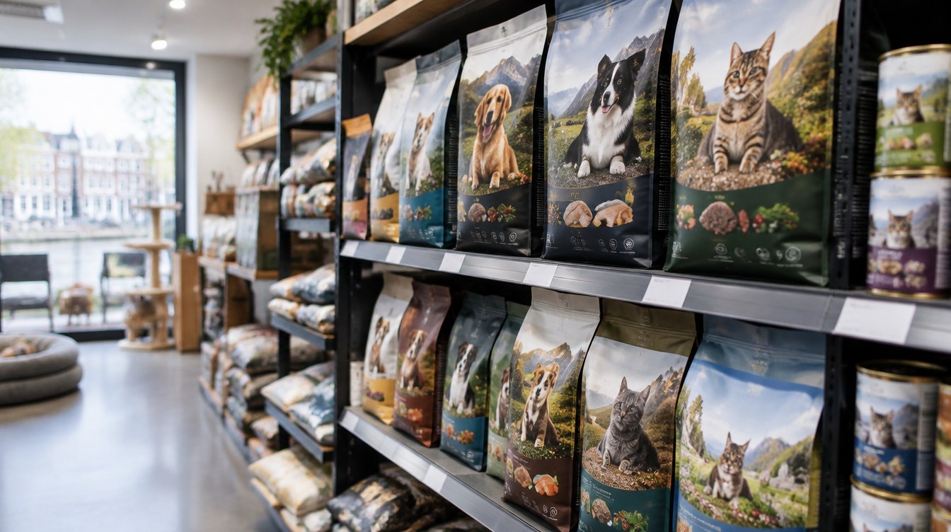 Huisdiervoeding: schappen met diervoeding